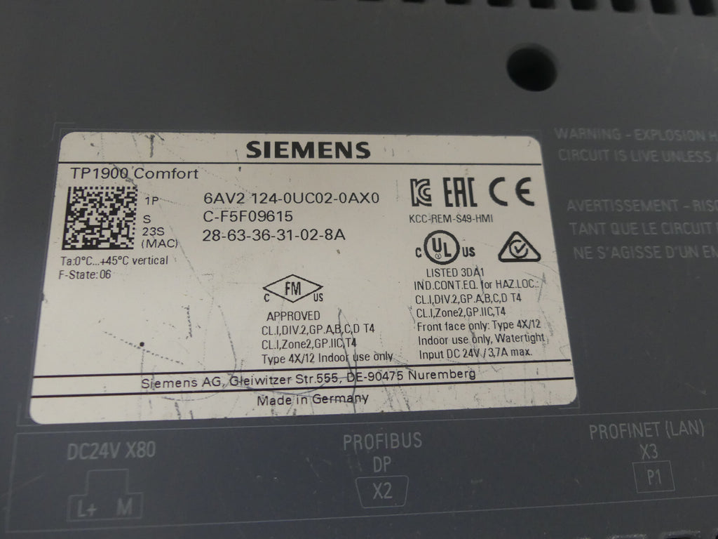 SIEMENS TP1900 6AV2124-0UC02-0AX0 6AV2 124-0UC02-0AX0 PANEL F:07