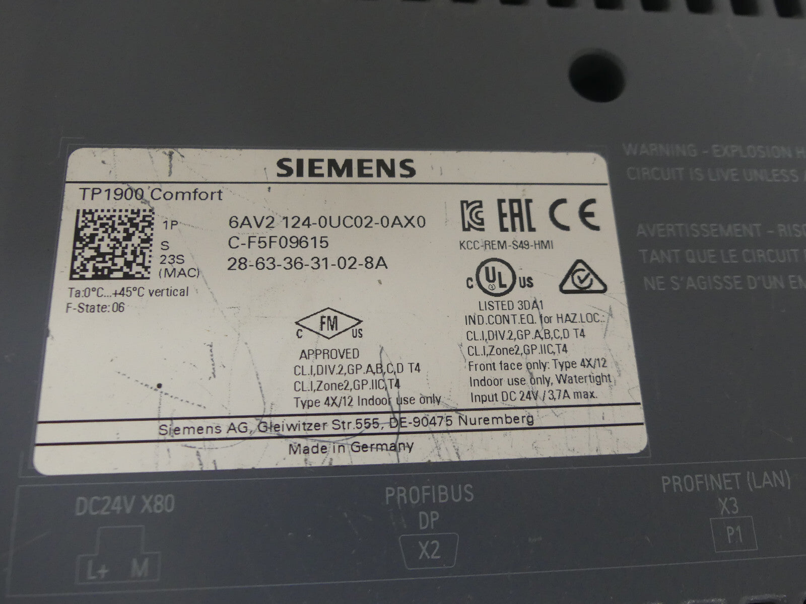 SIEMENS TP1900 6AV2124-0UC02-0AX0 6AV2 124-0UC02-0AX0 PANEL F:07
