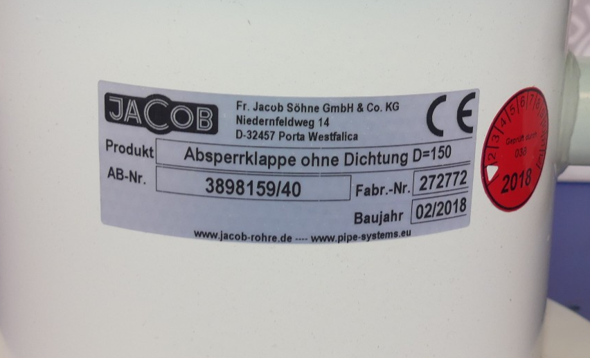 JACOB ABSPERRKLAPPE OHNE DICHTUNG D=150 + ER60.903.M00