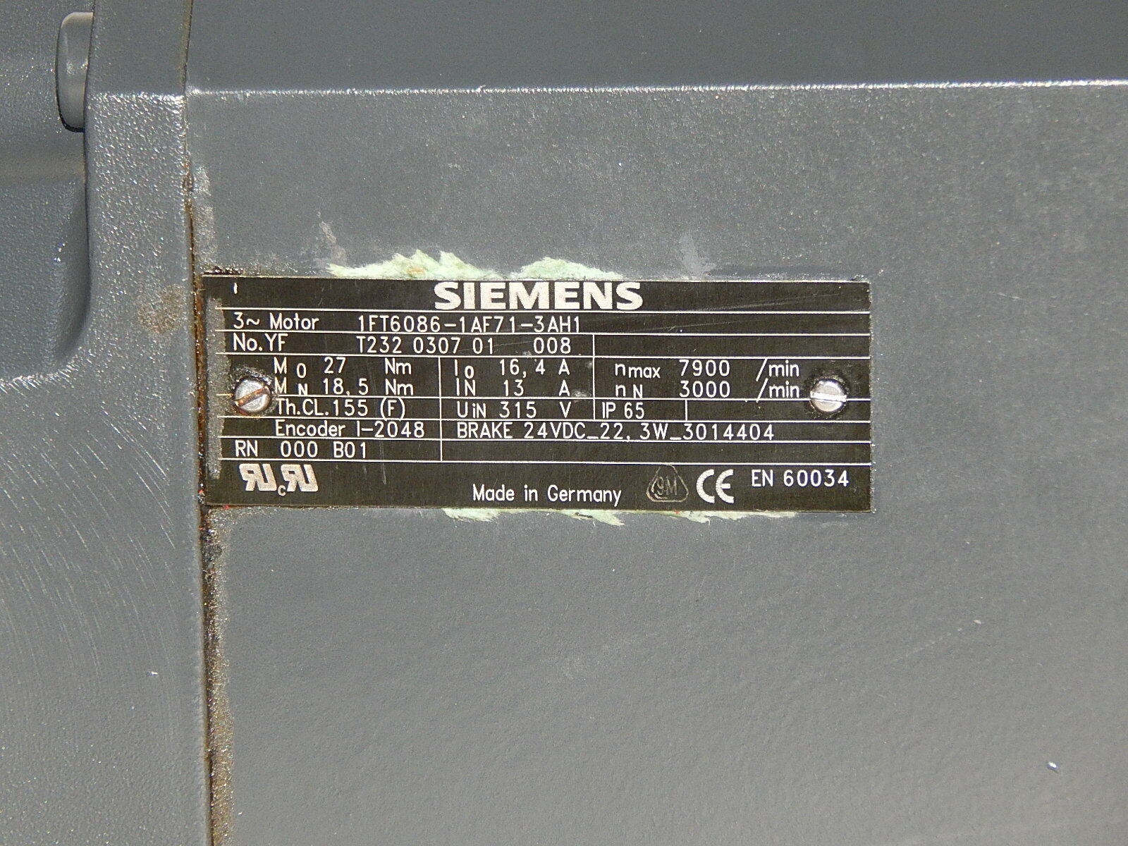 Siemens 3~Motor 1FT6086-1AF71-3AH1 Used