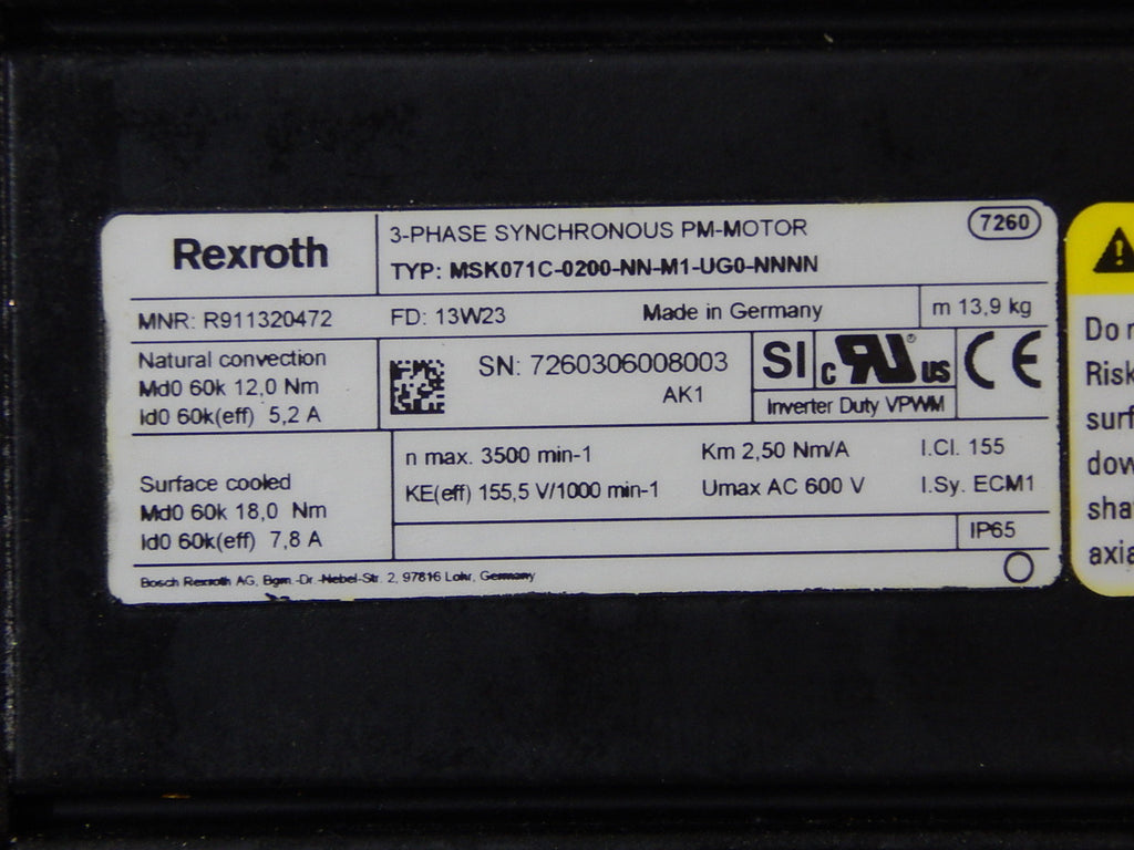Rexroth MSK071C-0200-NN-M1-UG0-NNNN  3~ Permanent Magnet Motor Used