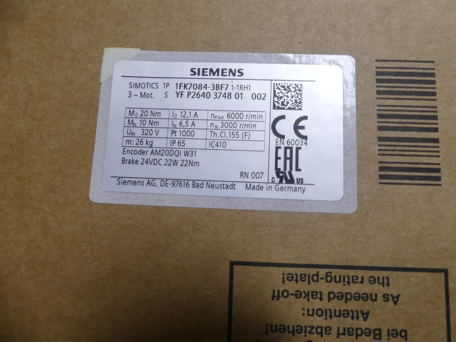 SIEMENS AC Servo Motor 1FK7084-3BF71-1RH1