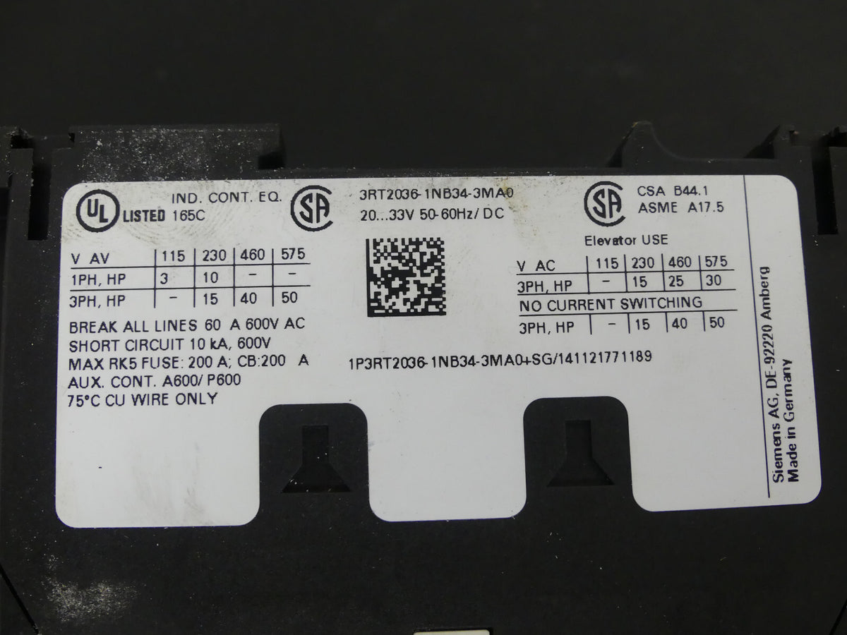 Siemens SIRIUS Leistungsschütz 3RT2036-1NB34-3MA0   3RT2 036-1NB34-3MA0