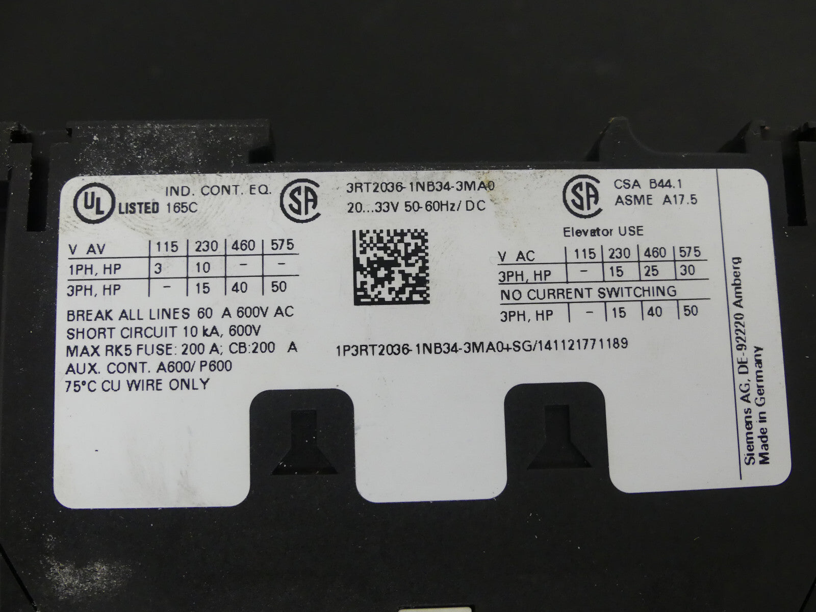 Siemens SIRIUS Leistungsschütz 3RT2036-1NB34-3MA0   3RT2 036-1NB34-3MA0