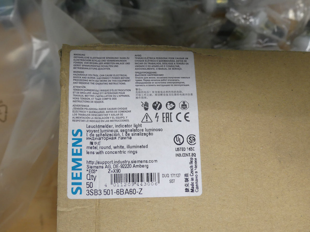 50x Siemens Leuchtmelder 3SB3 501-6BA60-Z / 3SB3501-6BA60 weiß rund Metallhalter