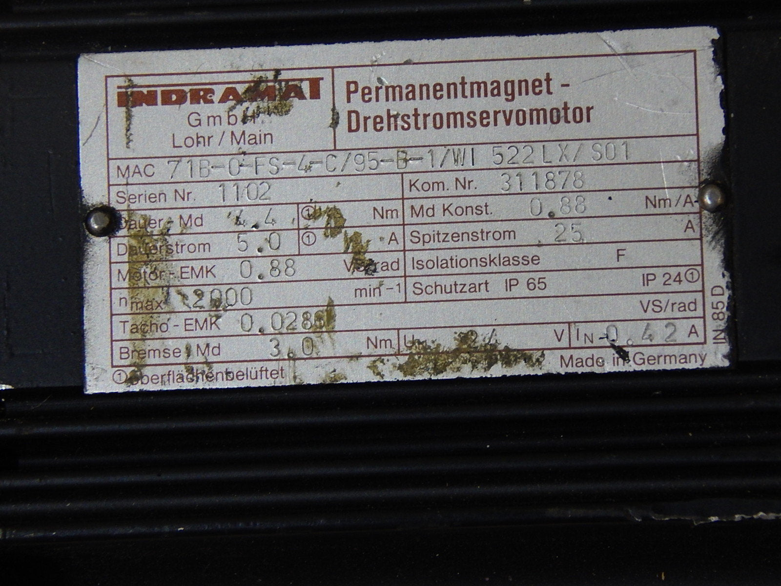 Indramat Permanentmagnet-Drehstromservomotor MAC71B-0-FS-4-C/95-B-1/WI 522LX/S01