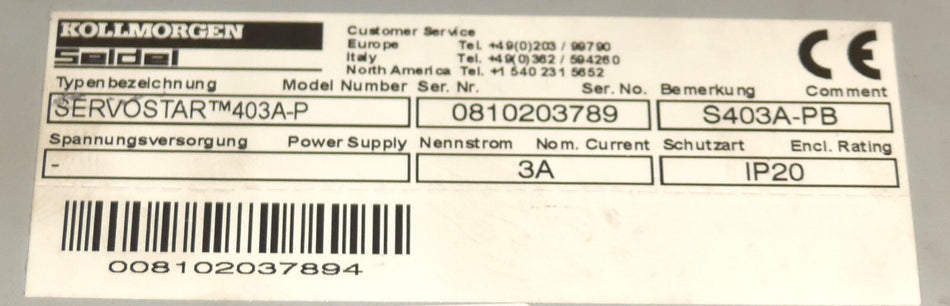 KOLLMORGEN  DANAHER SERVOSTAR 403A-P S403A-PB 400A