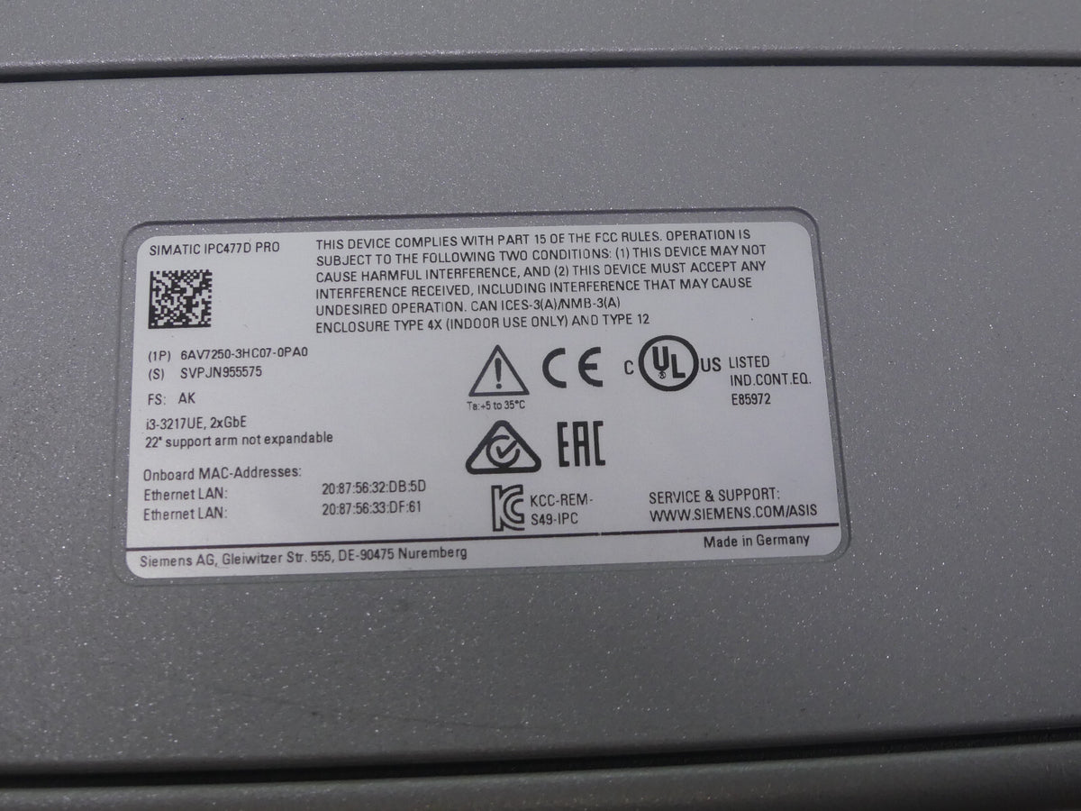 Siemens SIMATIC 6AV7250-3HC07-0PA0 IPC477D Pro 22" ohne FESTPLATTE