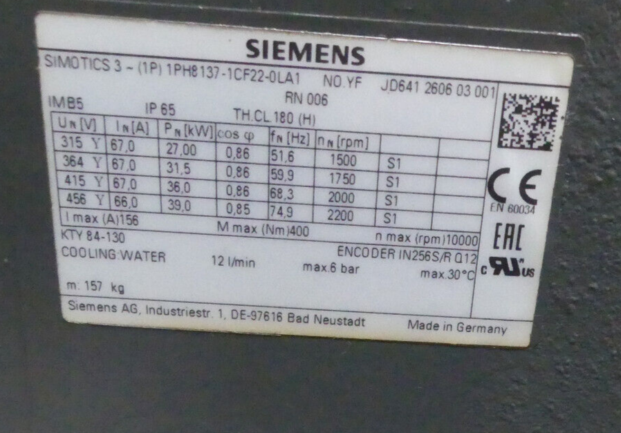 SIEMENS 1PH8137-1CF22-0LA1 Kugellager kaputt s.Bilder
