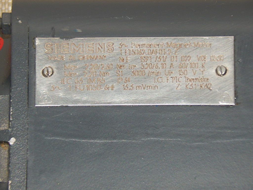 Siemens 1FT5062-0AF01-2-Z 3~Permanent-Magnet-Motor Servomotor Motor Used