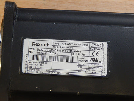 Rexroth 3- Phase Synchronous PM-Motor MSK050C-0300-NN-UG1-NNNN Used