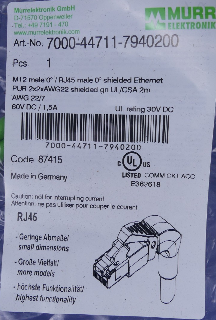MURR ELEKTRONIK Ethernetkabel 3m | M12 | RJ45 7000-44711-7960200