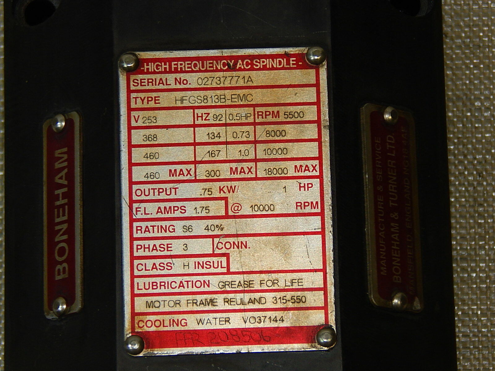 KURODA  BONEHAM & TURNER High Frequency  AC Spindele HFGS813B-EMC  Used
