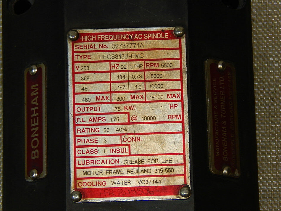 KURODA  BONEHAM & TURNER High Frequency  AC Spindele HFGS813B-EMC  Used