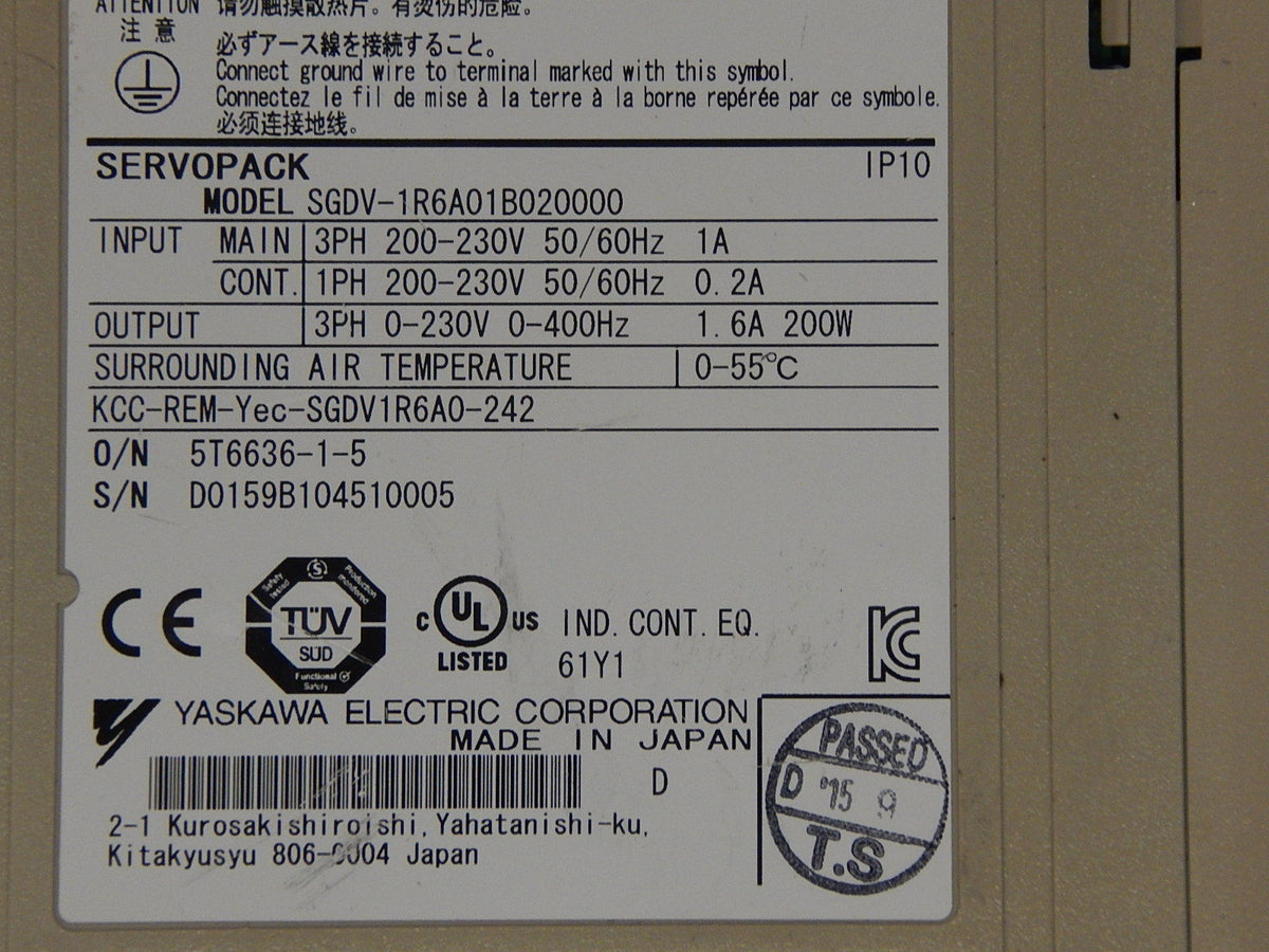 YASKAWA SERVOPACK SGDV-1R6A01B020000  Servo Drive  Used