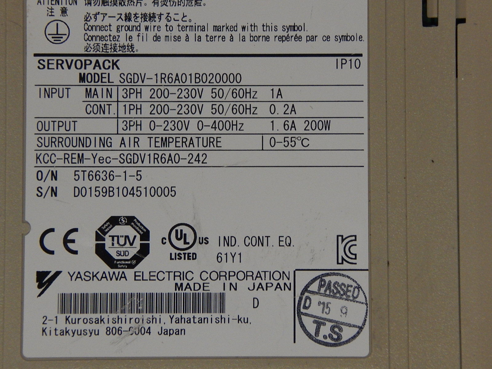 YASKAWA SERVOPACK SGDV-1R6A01B020000  Servo Drive  Used