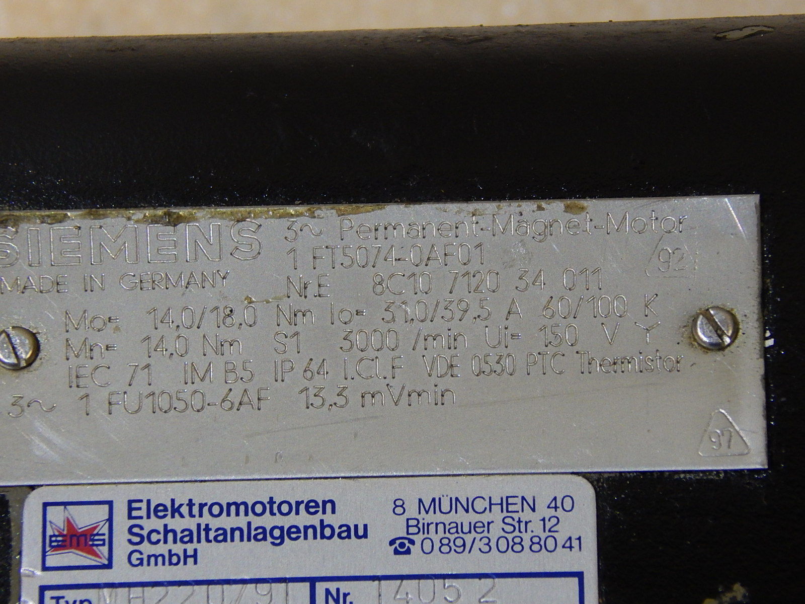 SIEMENS Perm. Magn. Mot. 1 FT 5074-0AF01 Used