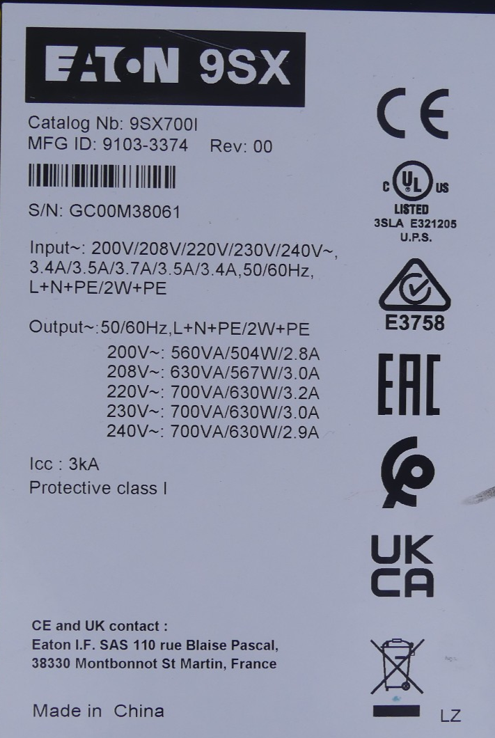 Eaton 9SX 9SX700I USV Wechselstrom 200/208/220/230/240 V
