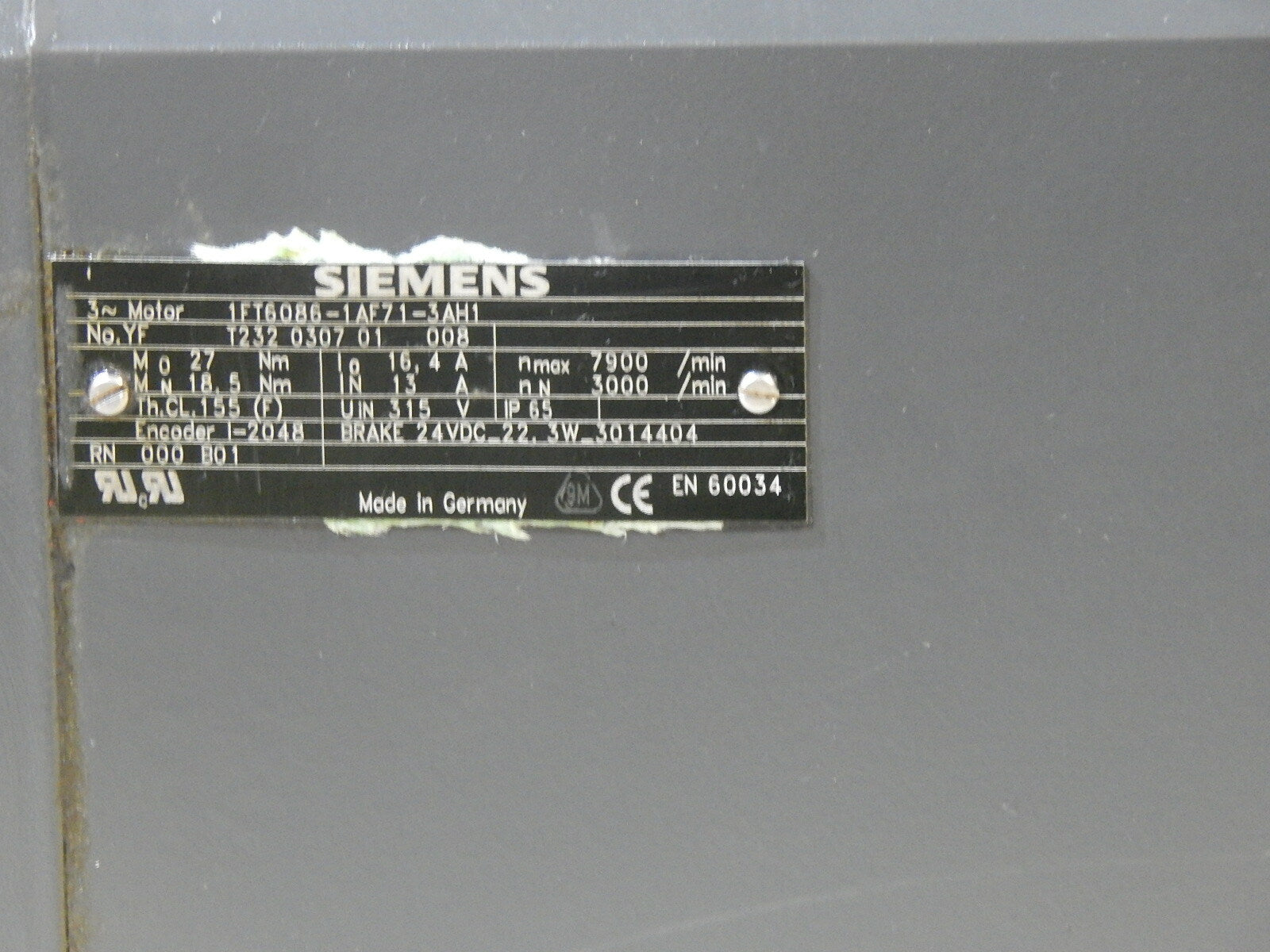 Siemens 3~Motor 1FT6086-1AF71-3AH1 Used