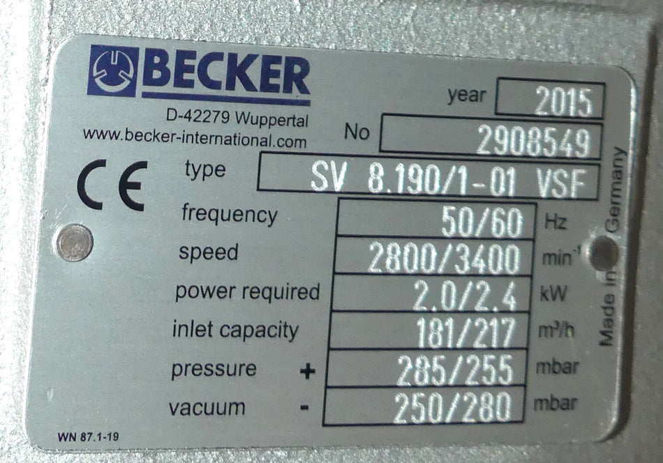 BECKER VACUUM  SV 8.190/1-01 VSF B.j 2015 Neuwertig