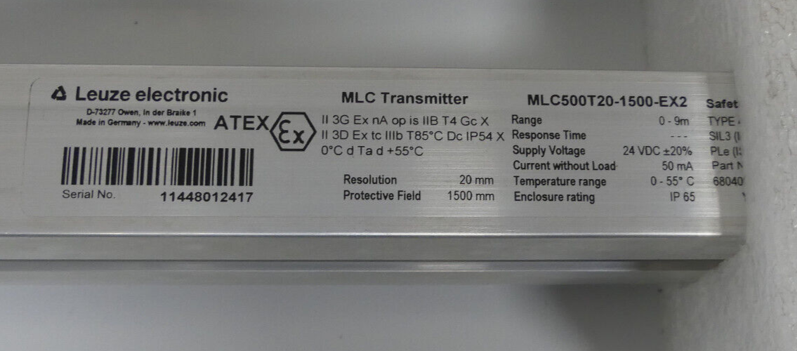 LEUZE MLC Transmitter  MLC500T20-1500-EX2 / MLC Receiver MLC520R20-1500-EX2