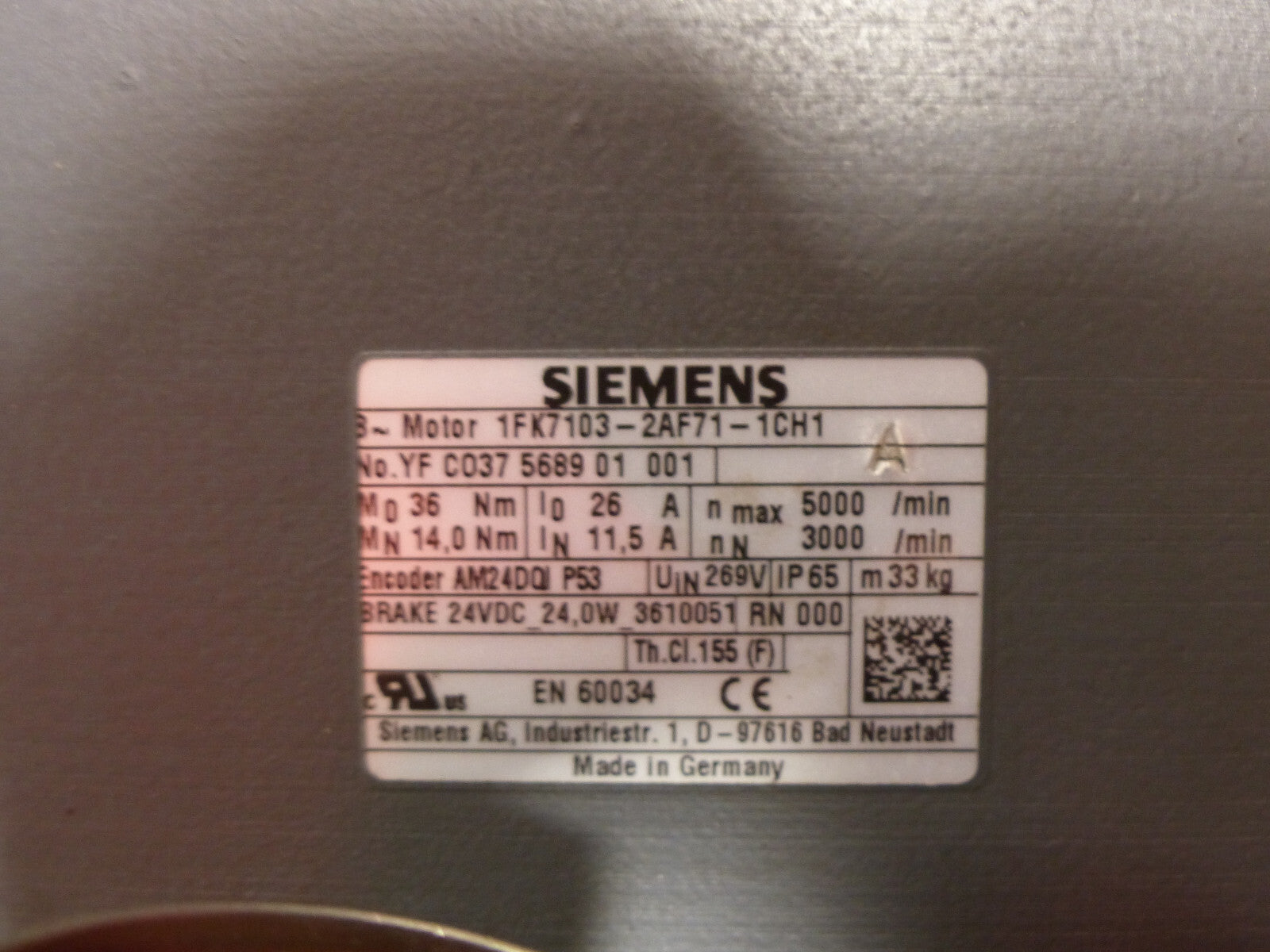 Siemens Simotics S Synchronmotor 1FK7103-2AF71-1CH1  1FK71032AF711CH1 used