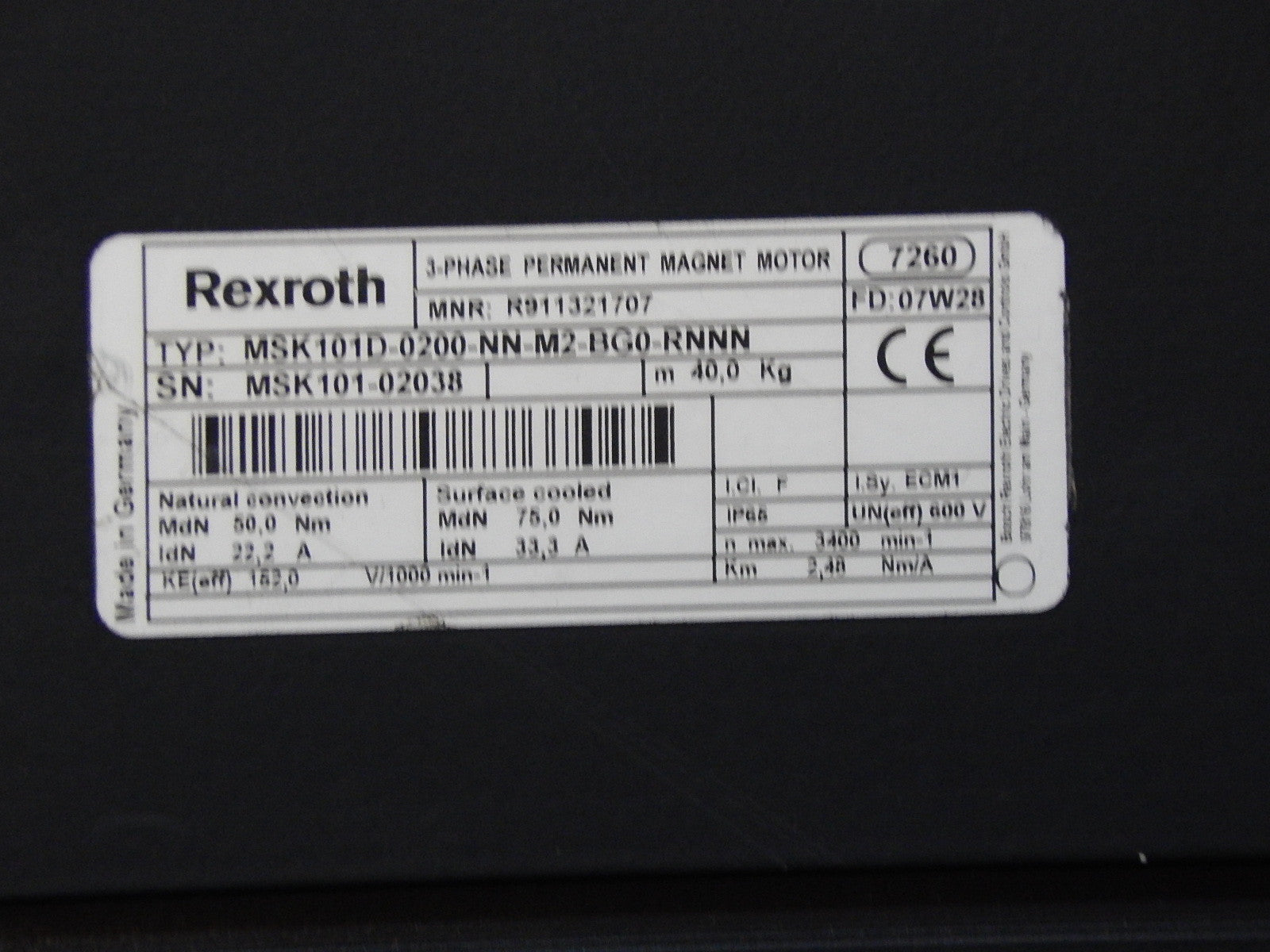 Rexroth 3~Permanent Magnet Motor MSK101D-0200-NN-M2-BG0-RNNN Used