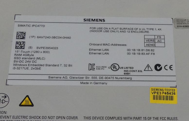 SIEMENS SIMATIC IPC477D 6AV7240-3BC04-0HA0