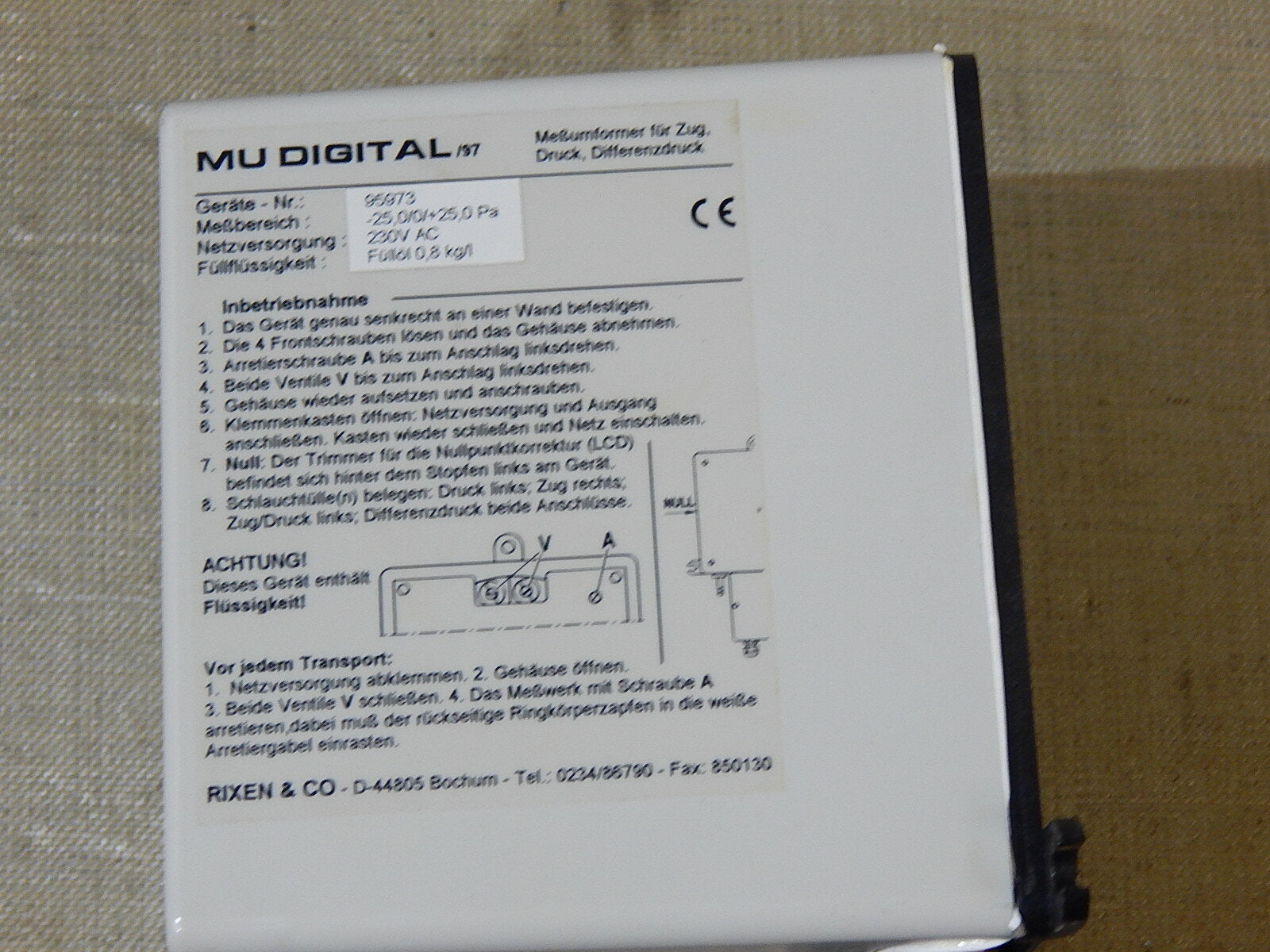 Rixen Differenzdruckmessgerät MU-Digital 95973 Meßbereich -25,0/0/+25,0 Pa 