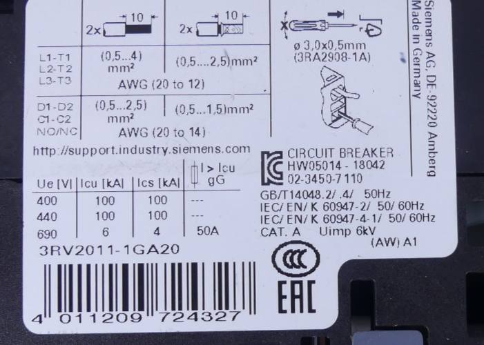 Siemens Sirius 3RV2011-1GA20 Leistungsschalter