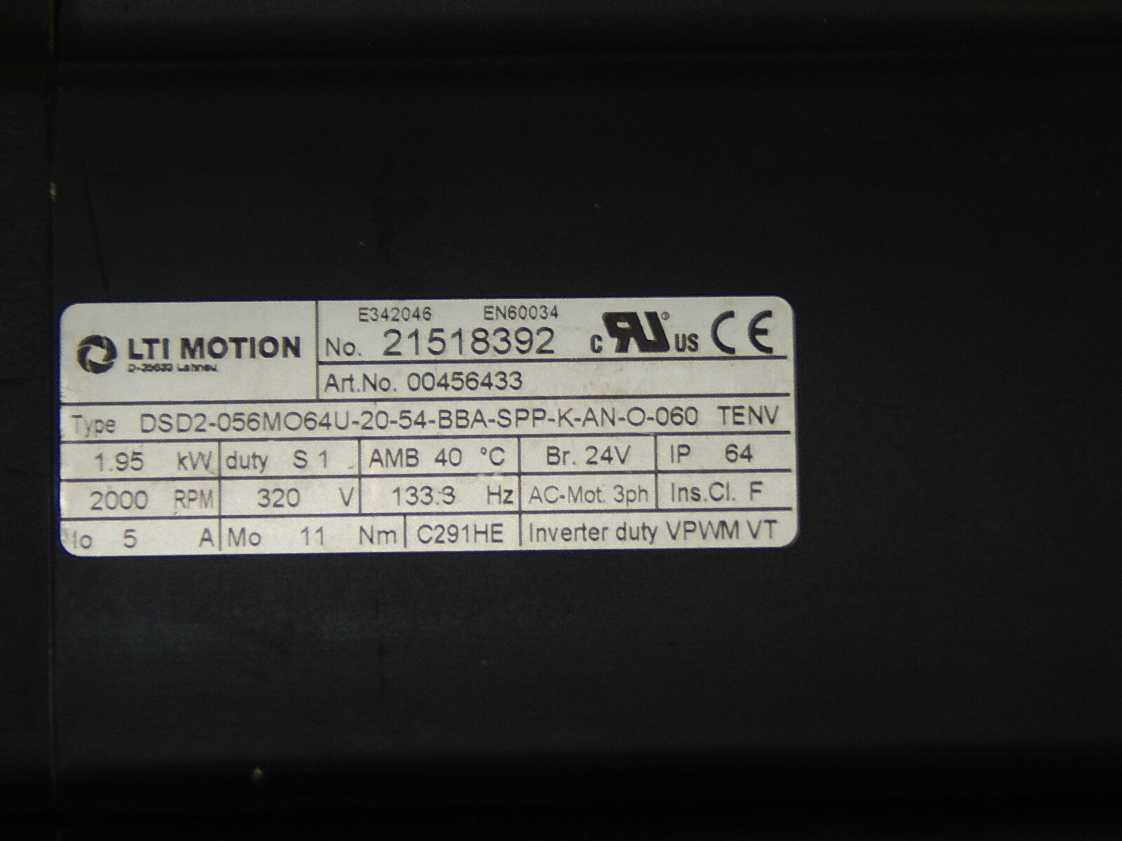 LTI Drives Motion DSD2-056MO64U-20-54-BBA-SPP-K-AN-O-060 Servomotor Used