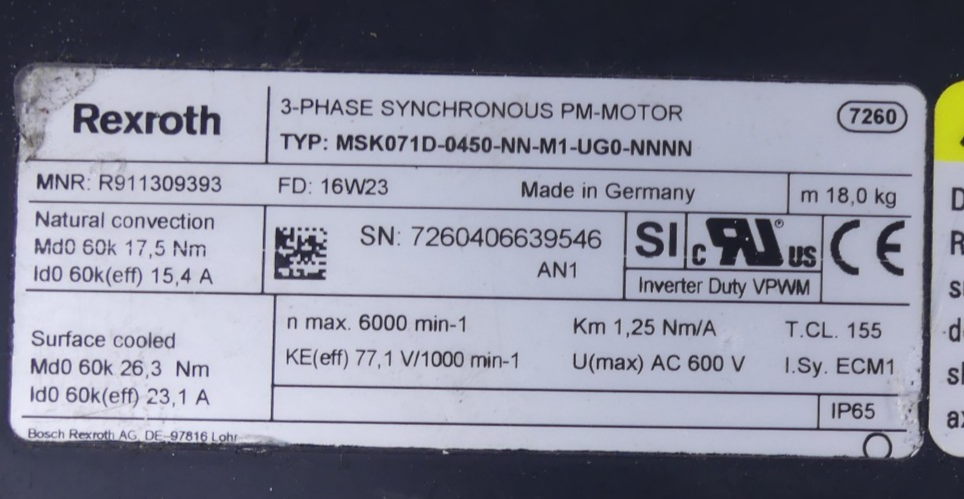 Rexroth 3-Phasen Synchron PM Motor  MSK071D-0450-NN-M1-UG0-NNNN