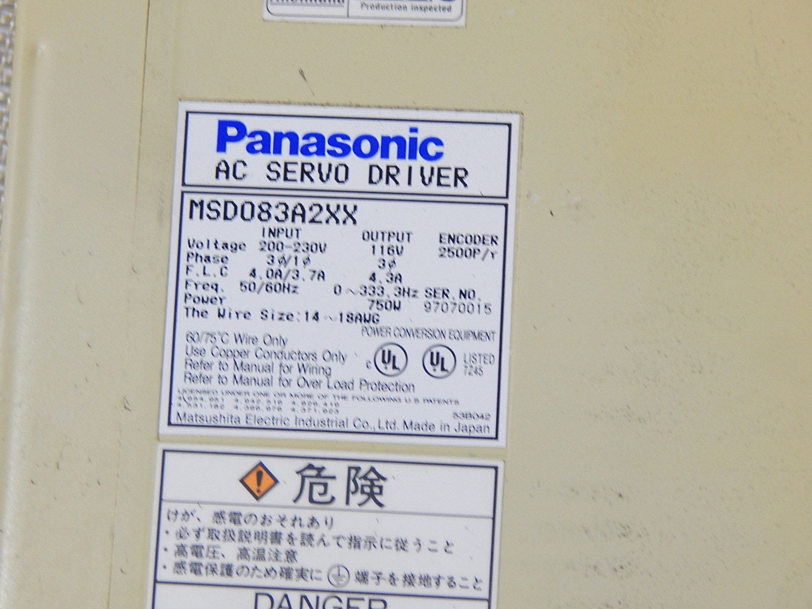  Panasonic MSD083A2XX Servo Driver  Used