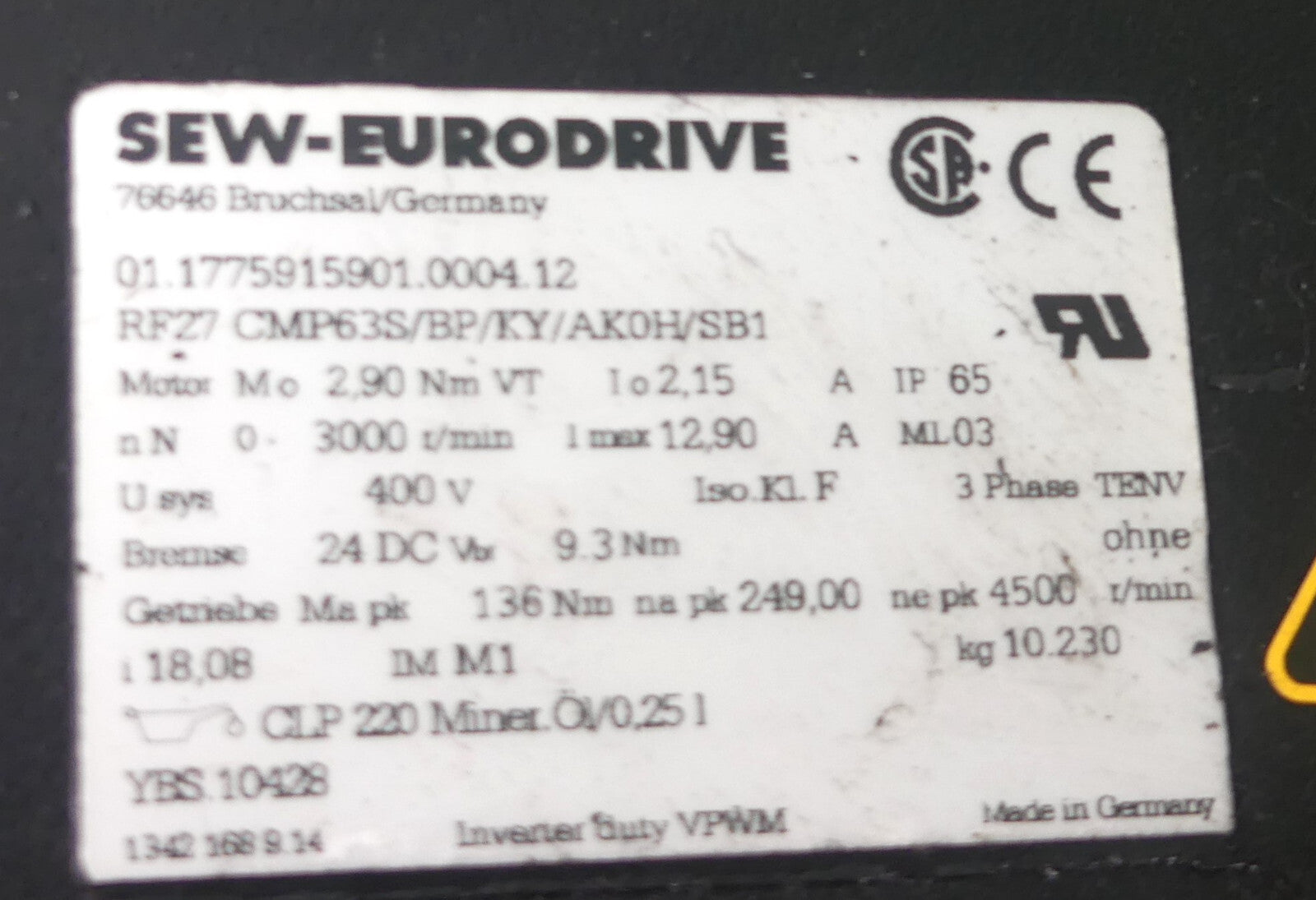 SEW RF27CMP63S/BP/KY/AK0H/SB1 Servomotor mit Getriebe