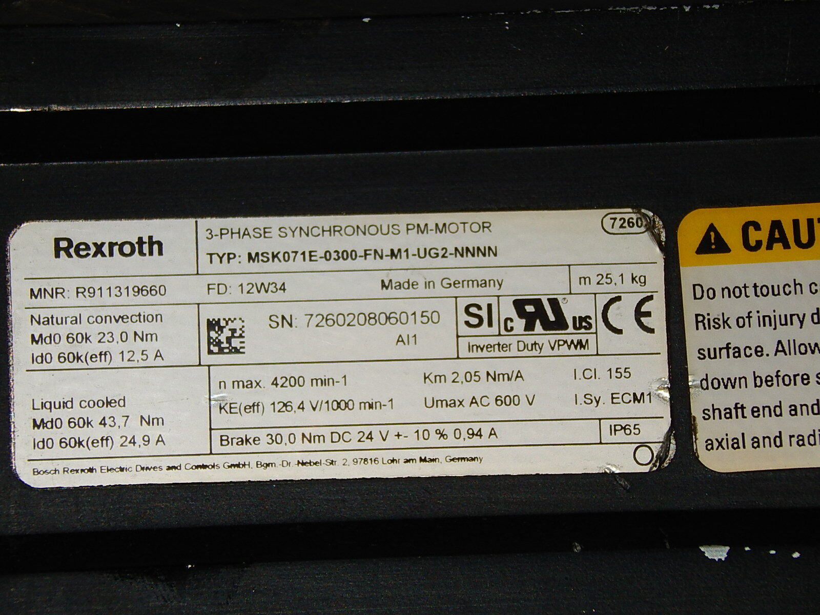 REXROTH MSK071E-0300-FN-M1-UG2-NNNN 3-PHASE PERMANENT MAGNET MOTOR Used