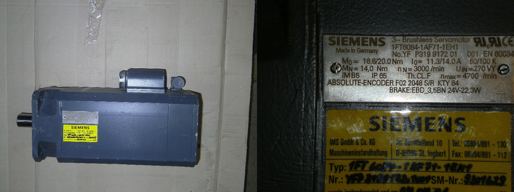 Siemens 3-Brushless Servomotor    1FT6084-1AF71-1EH1