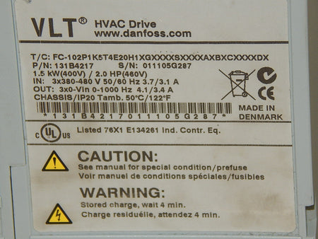 Danfoss T/C: FC.102P1K5T4E20H1XGXXXXSXXXXAXBXCXXXXDX used