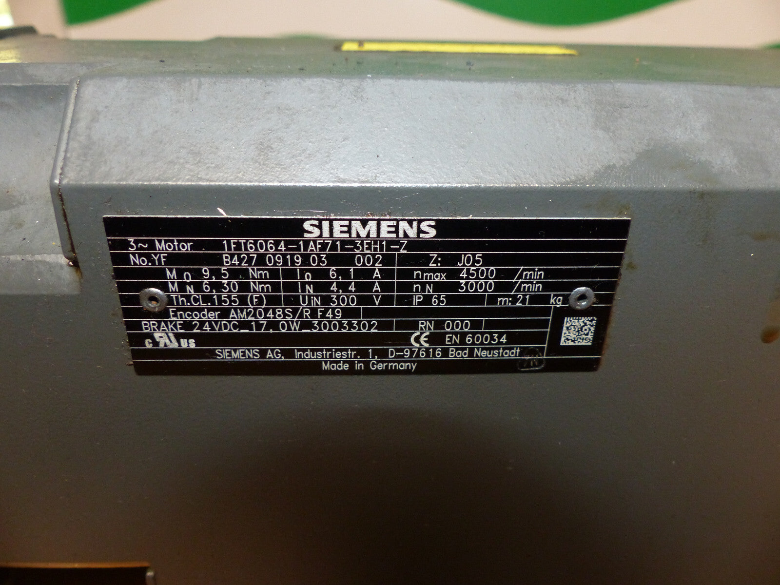 Siemens Servomotor 1FT6064-1AF71-3EH1-Z used mit Getriebe