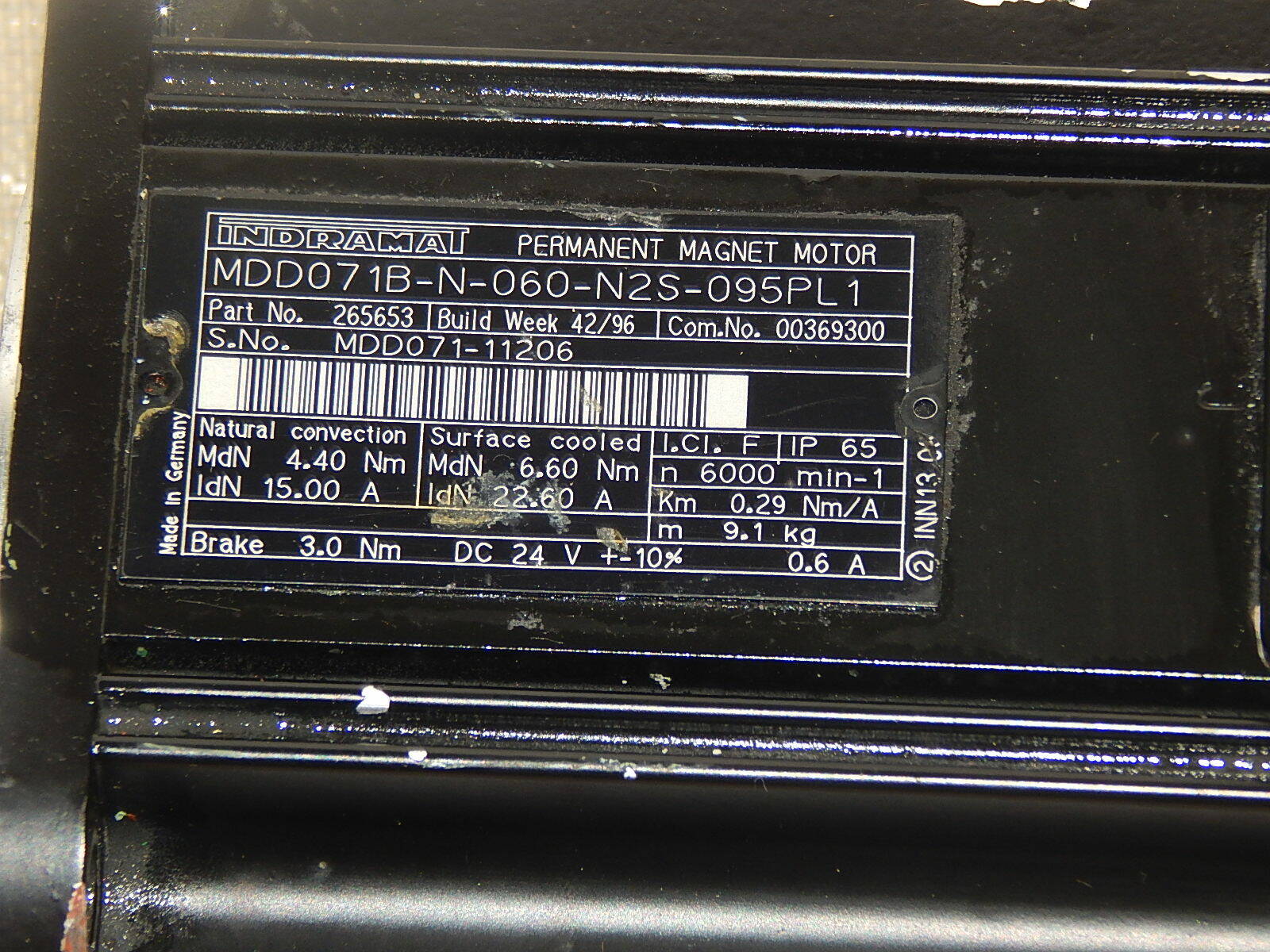INDRAMAT MDD071B-N-060-N2S-095PL1 Permanent Magnet Motor 6000/min  used