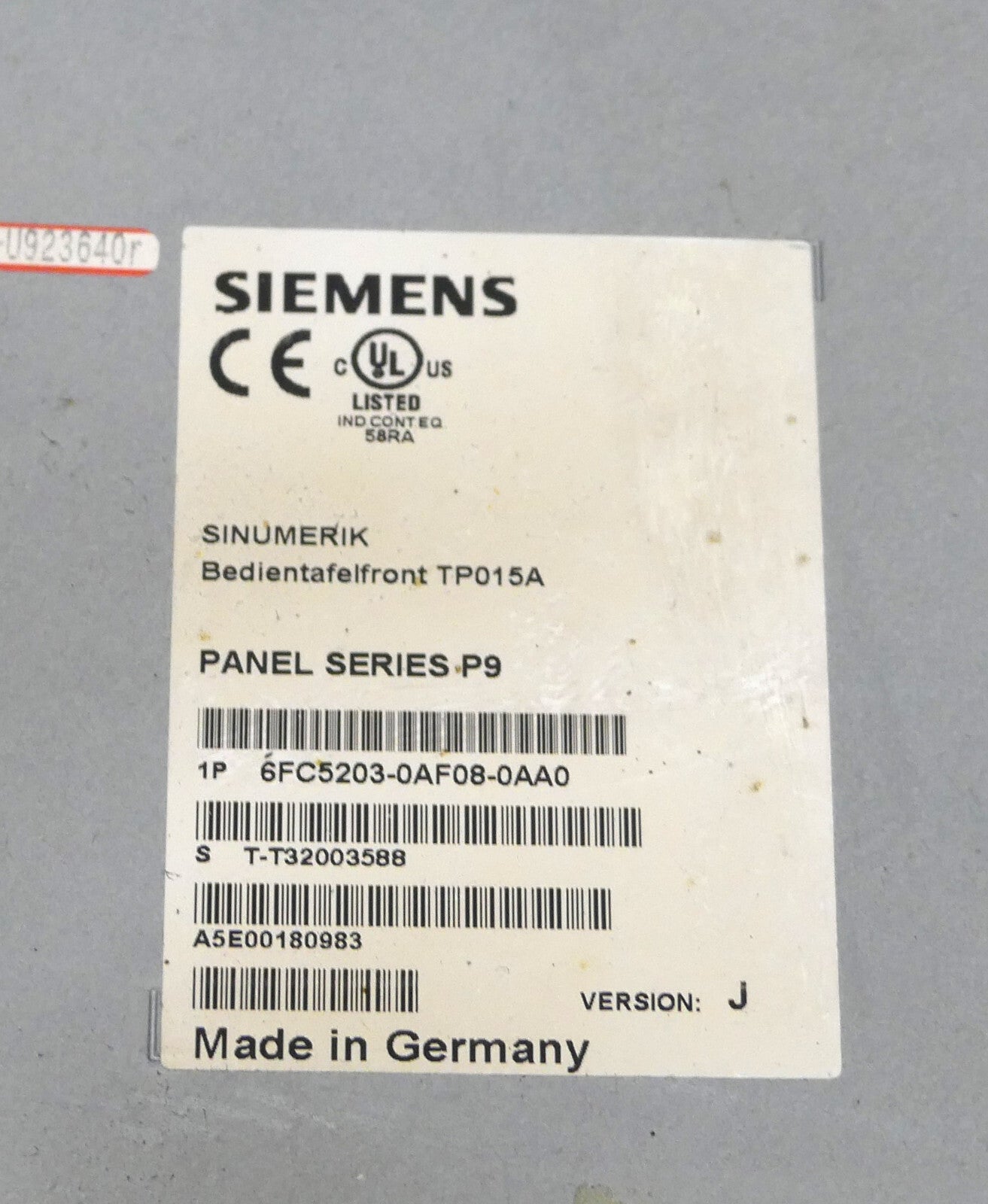 Siemens Sinumerik Bedientafelfront TP015A 6FC5203-0AF08-0AA0 Panel Series P9