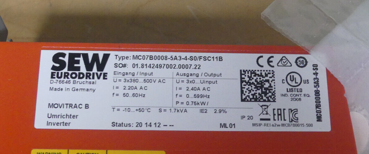 SEW Eurodrive Movitrac B Umrichter MC07B0008-5A3-4-S0/FSC11B