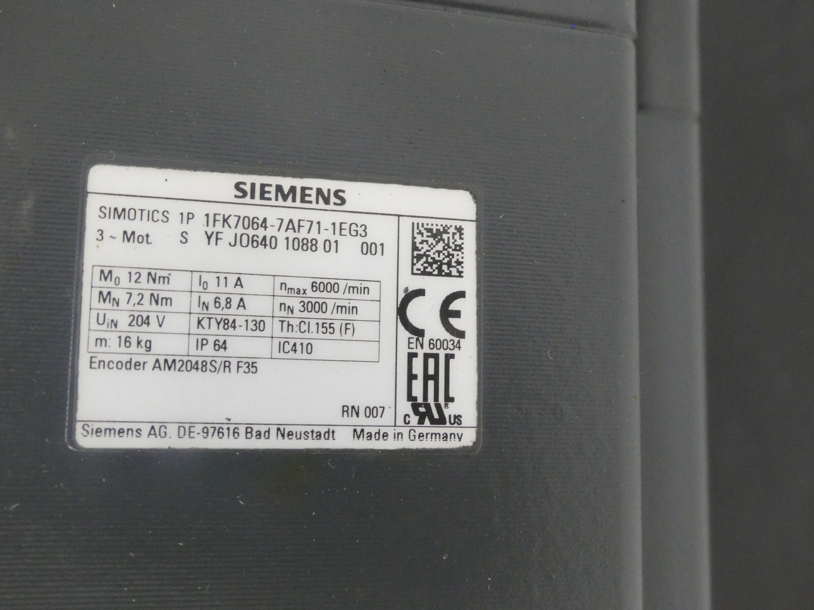 SIEMENS SIMOTICS S SYNCHRONSERVOMOTOR  1FK7064-7AF71-1EG3