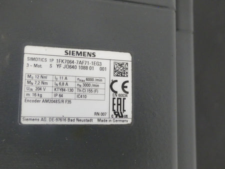 SIEMENS SIMOTICS S SYNCHRONSERVOMOTOR  1FK7064-7AF71-1EG3