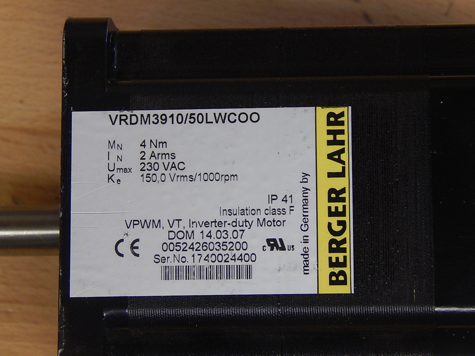 BERGER LAHR SERVO MOTOR VRDM3910/50LWCOO 1000RPM  USED