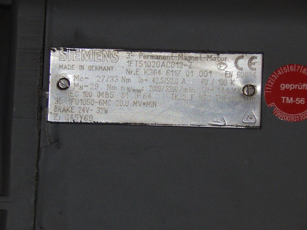 Siemens 3~ Permanent-Magnet-Motor 1FT5102-0AC01-2-Z Used