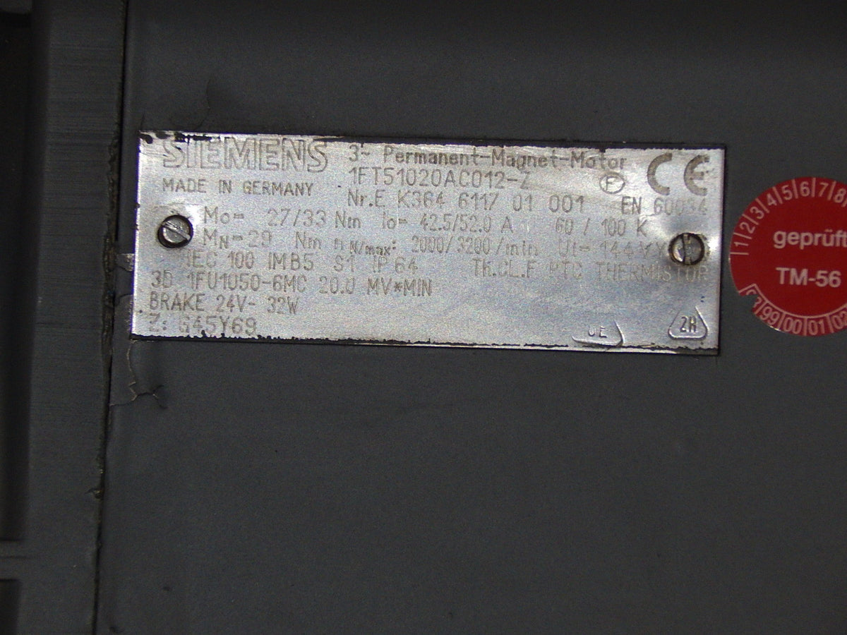 Siemens 3~ Permanent-Magnet-Motor 1FT5102-0AC01-2-Z Used