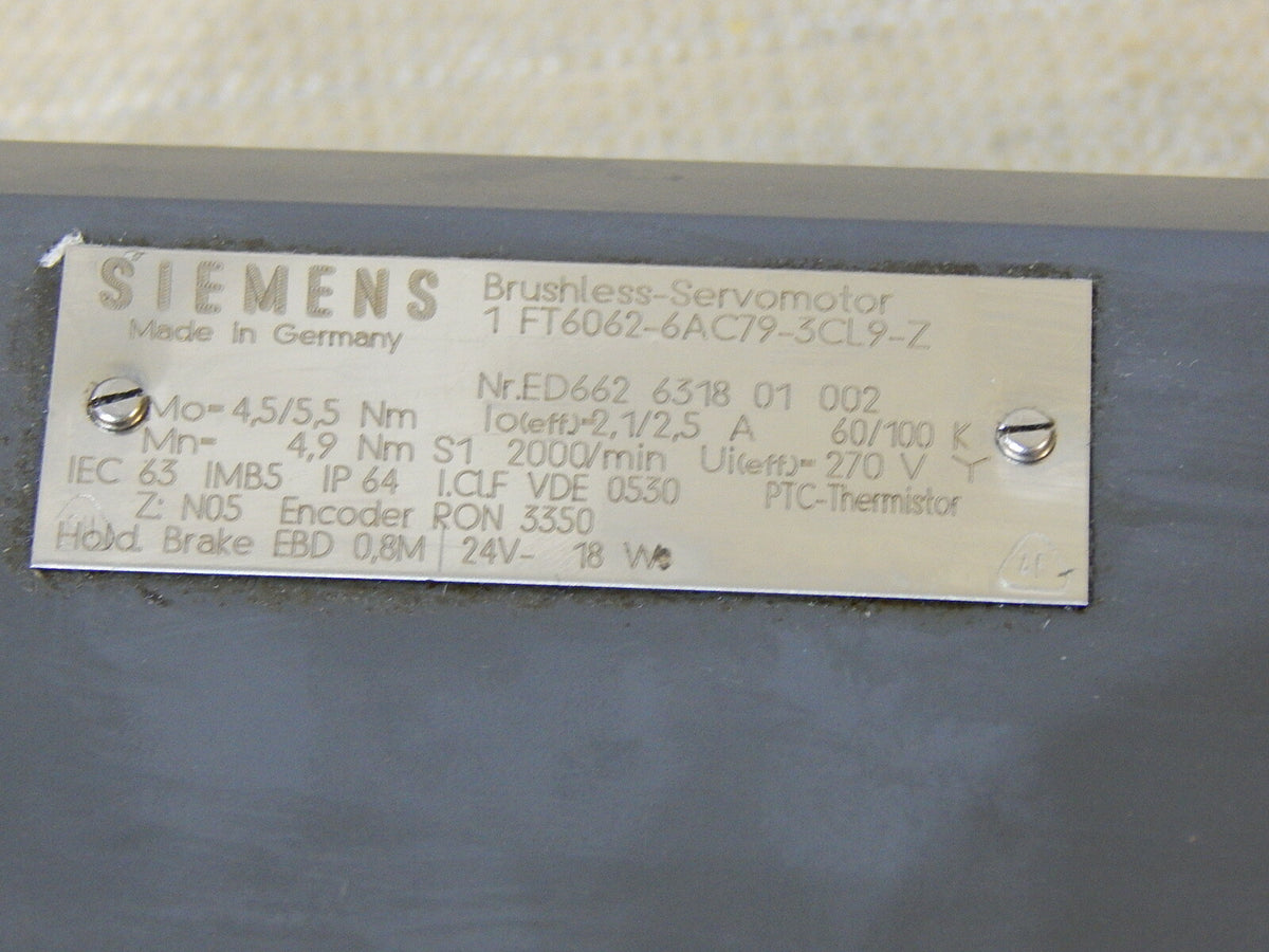 Siemens Brushless Servomotor 1FT6062-6AC79-3CL9-Z  Used