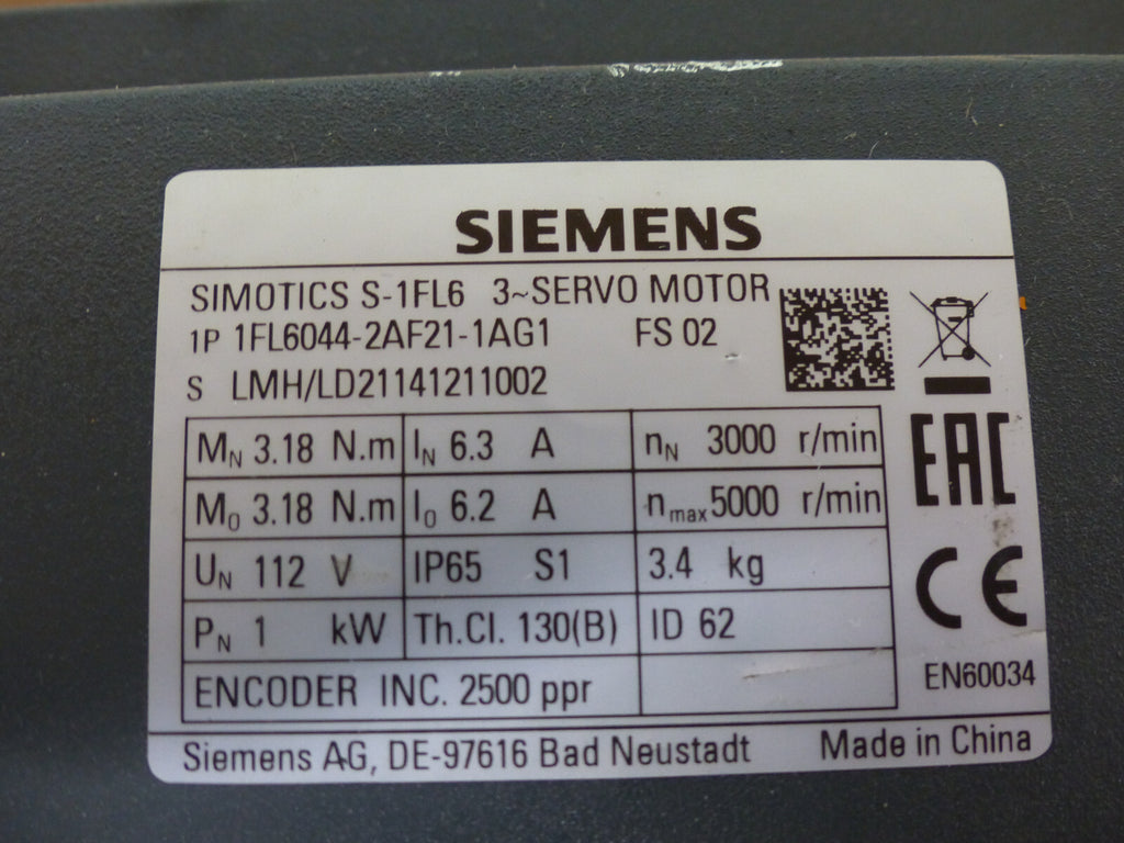 Siemens Servomotor 1fl6044-2af21-1ag1  used