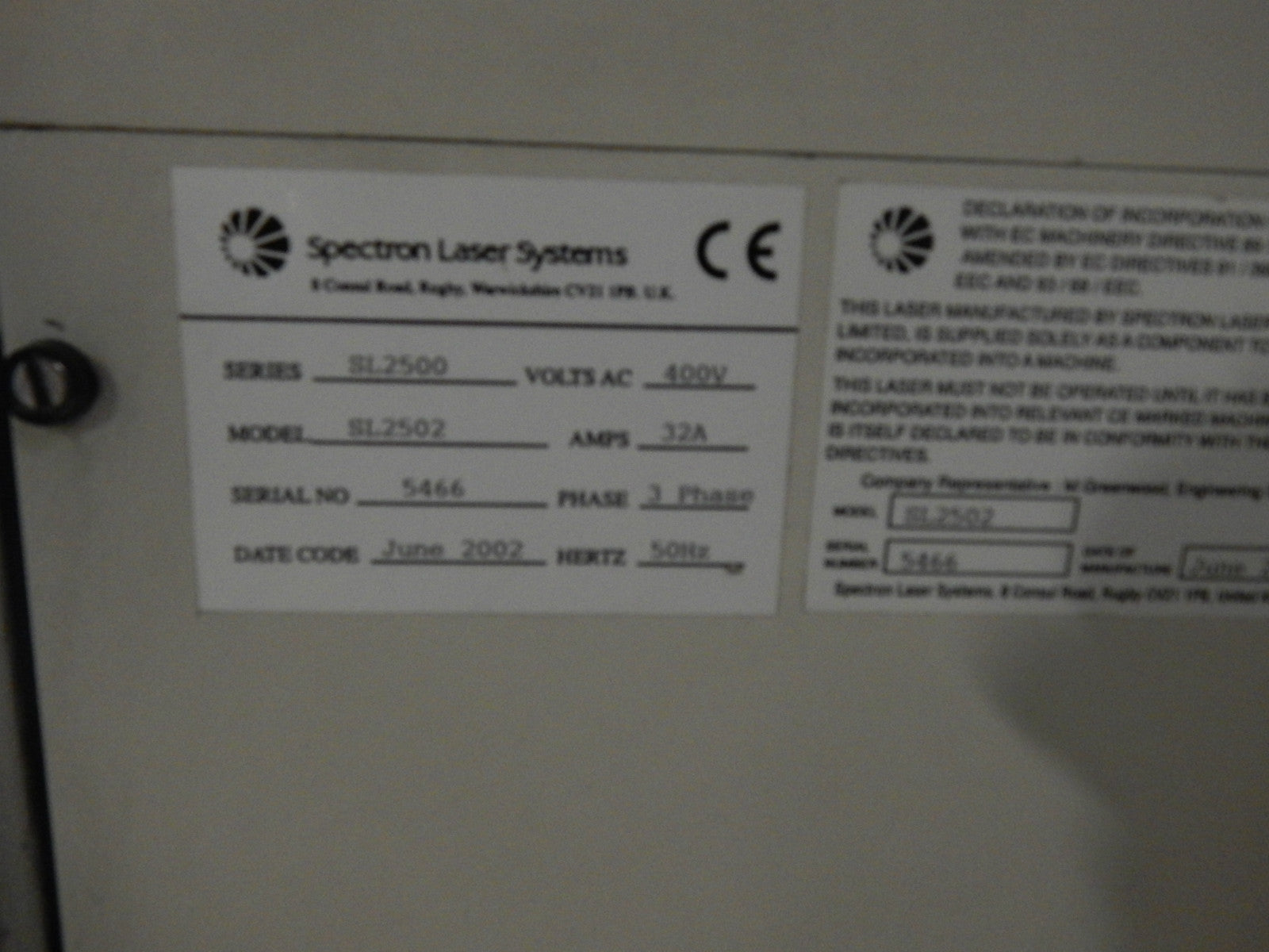 Spectron Laser System SL 2500 Series Model SL2502 32A
