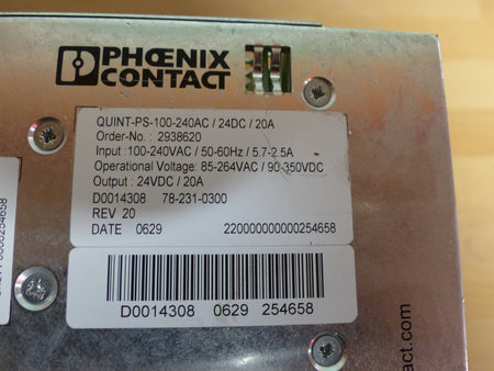 PHOENIX CONTACT QUINT-PS-100-240AC/24DC/20A POWER SUPPLY